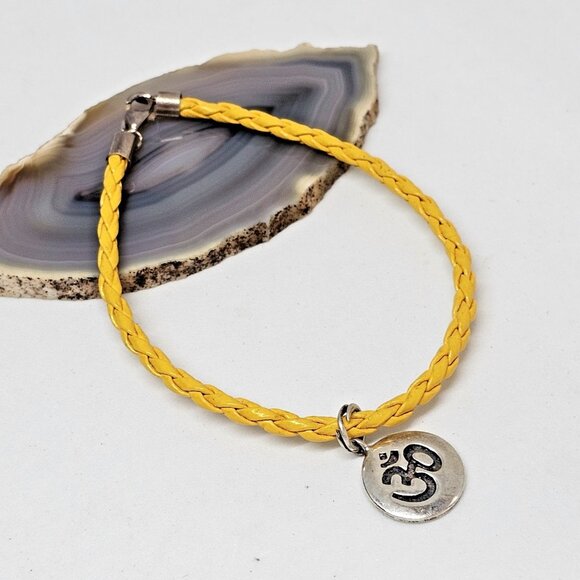 925 Sterling Silver - Yellow Braided Rope Bracelet Om Charm 7.2" - Picture 1 of 12